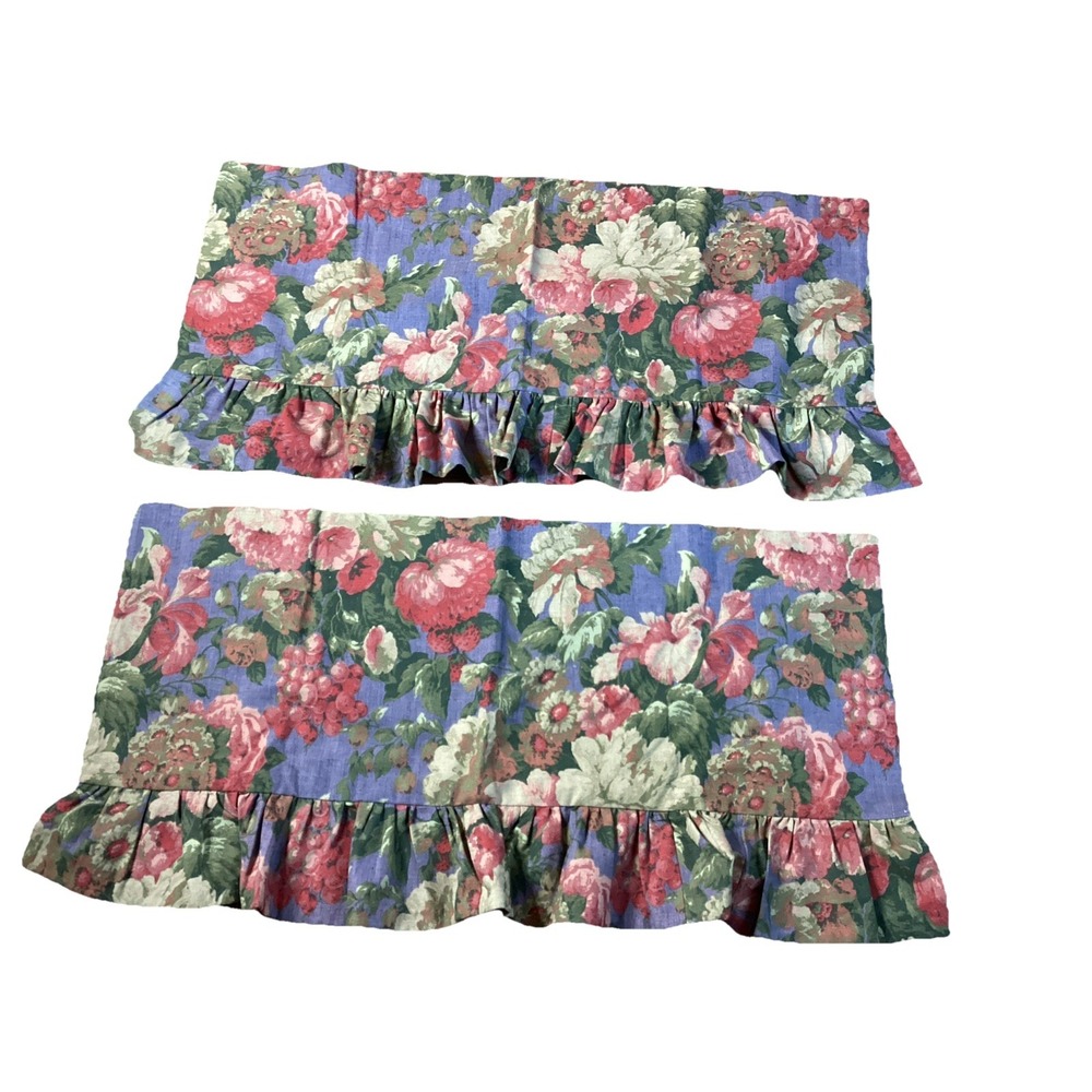 Curtain Treatment Set Of Two 36" Valences Periwinkle Blue With Floral And Fruit